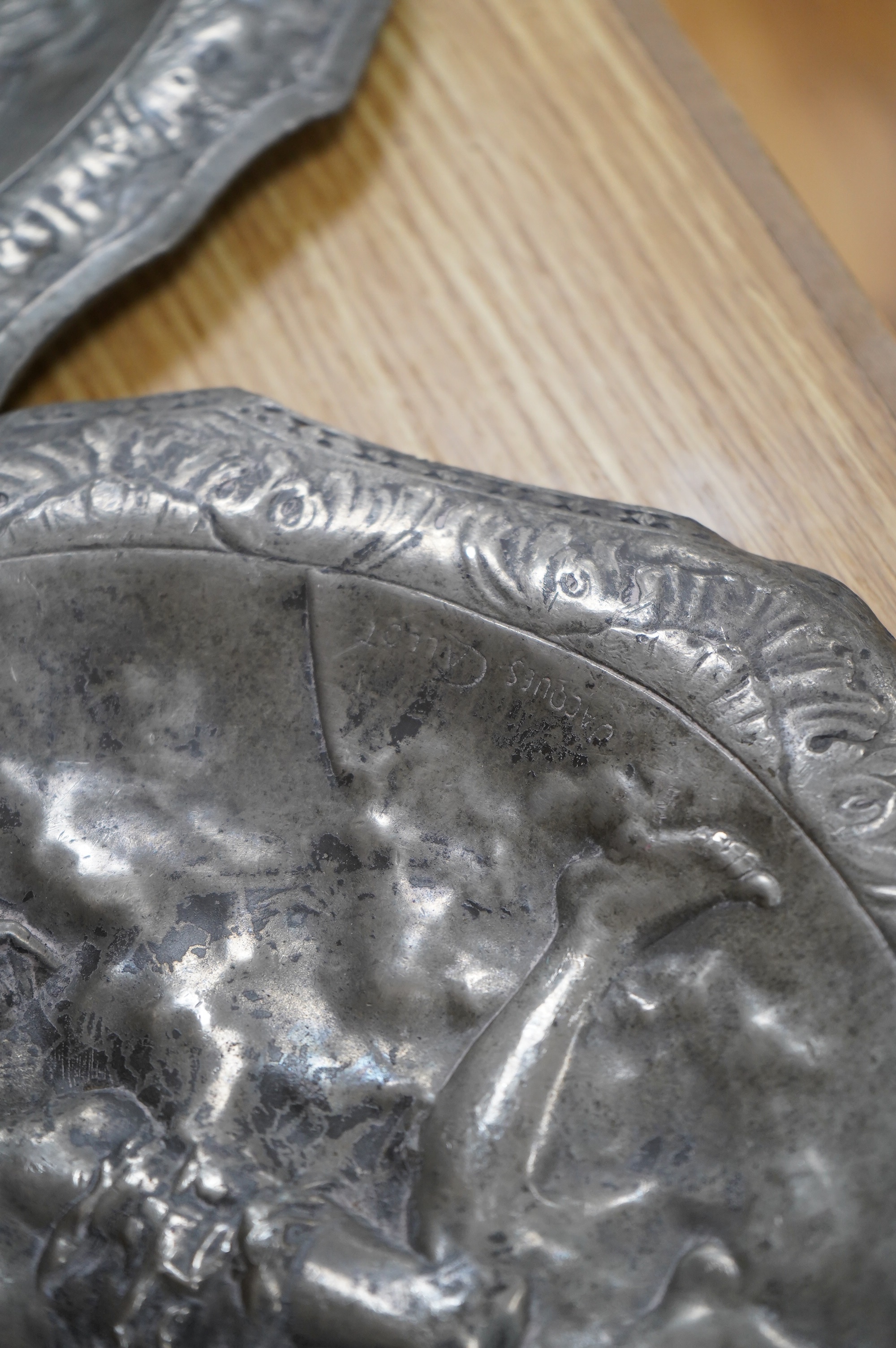 A pair of French pewter Art Nouveau plaques, signed Jacques Callot, 30cm. Condition - fair